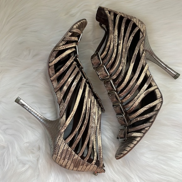 Tory Burch gladiator snake print caged heeled sandals EUC size 9 - Picture 7 of 11